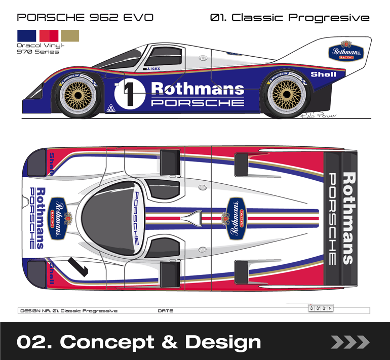 Concept and design stage showing initial side view proposals, layout development and refined vehicle livery artwork