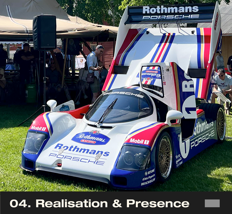 Completed bespoke vehicle liveries shown on road, paddock and motorsport environments demonstrating final presence and execution