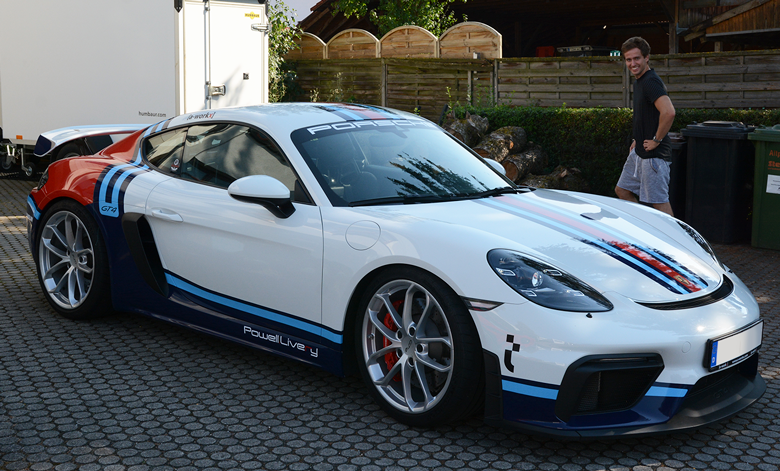 Porsche 718 Cayman GT4 with custom Martini inspired livery design applied to road and track car in classic motorsport colors
